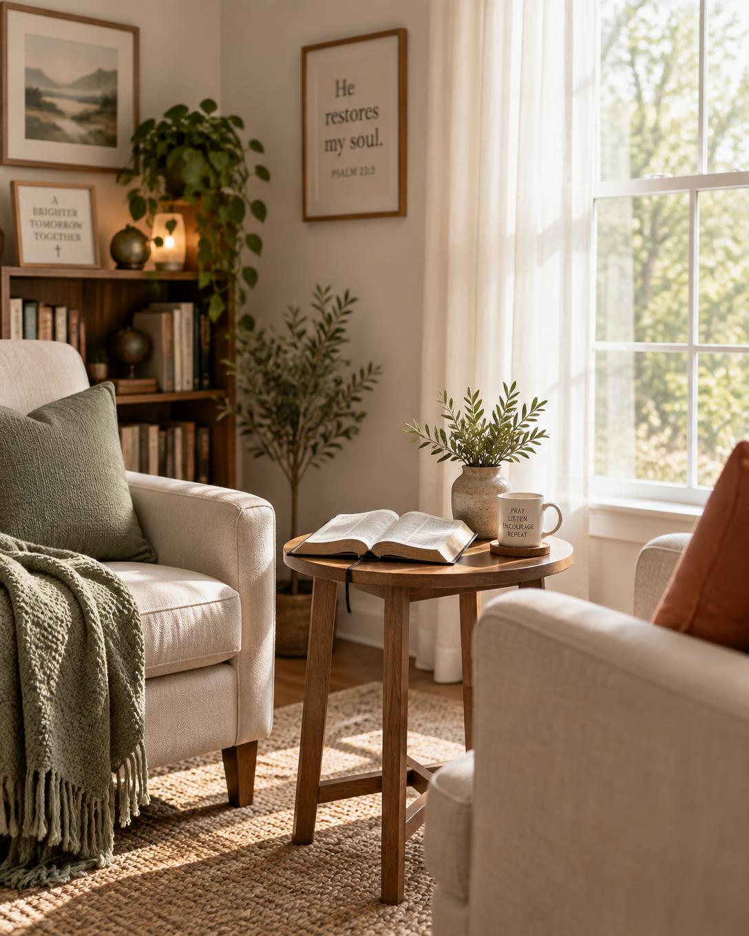 A calm, sunlit counseling room with two armchairs, an open Bible, and a cup of tea